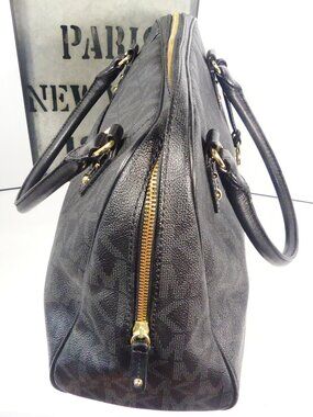 Michael Kors Monogram Satchel Top Handle Bag Black PVC Pebble Canvas, Gold Metal